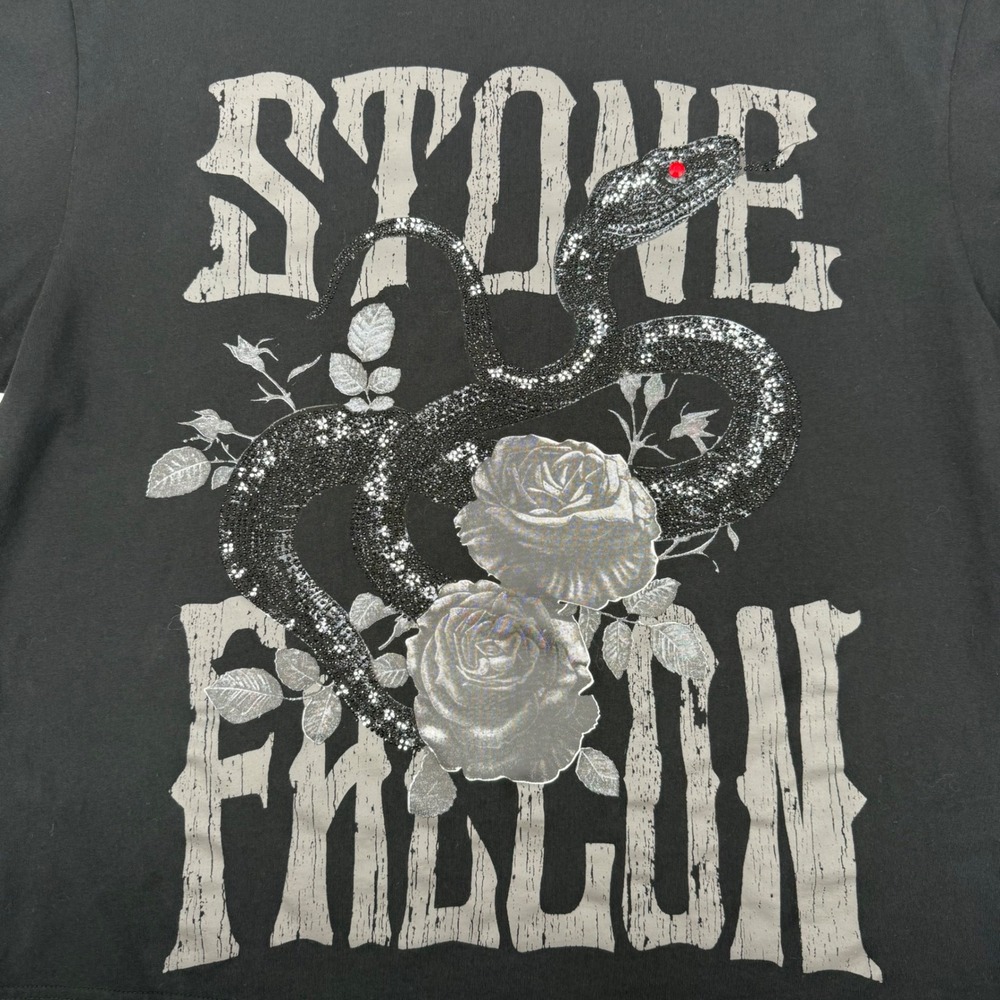 STONE FALCON XL T-Shirt Black Snake Rose Rhinestone Graphic Streetwear Tee - Picture 10 of 11